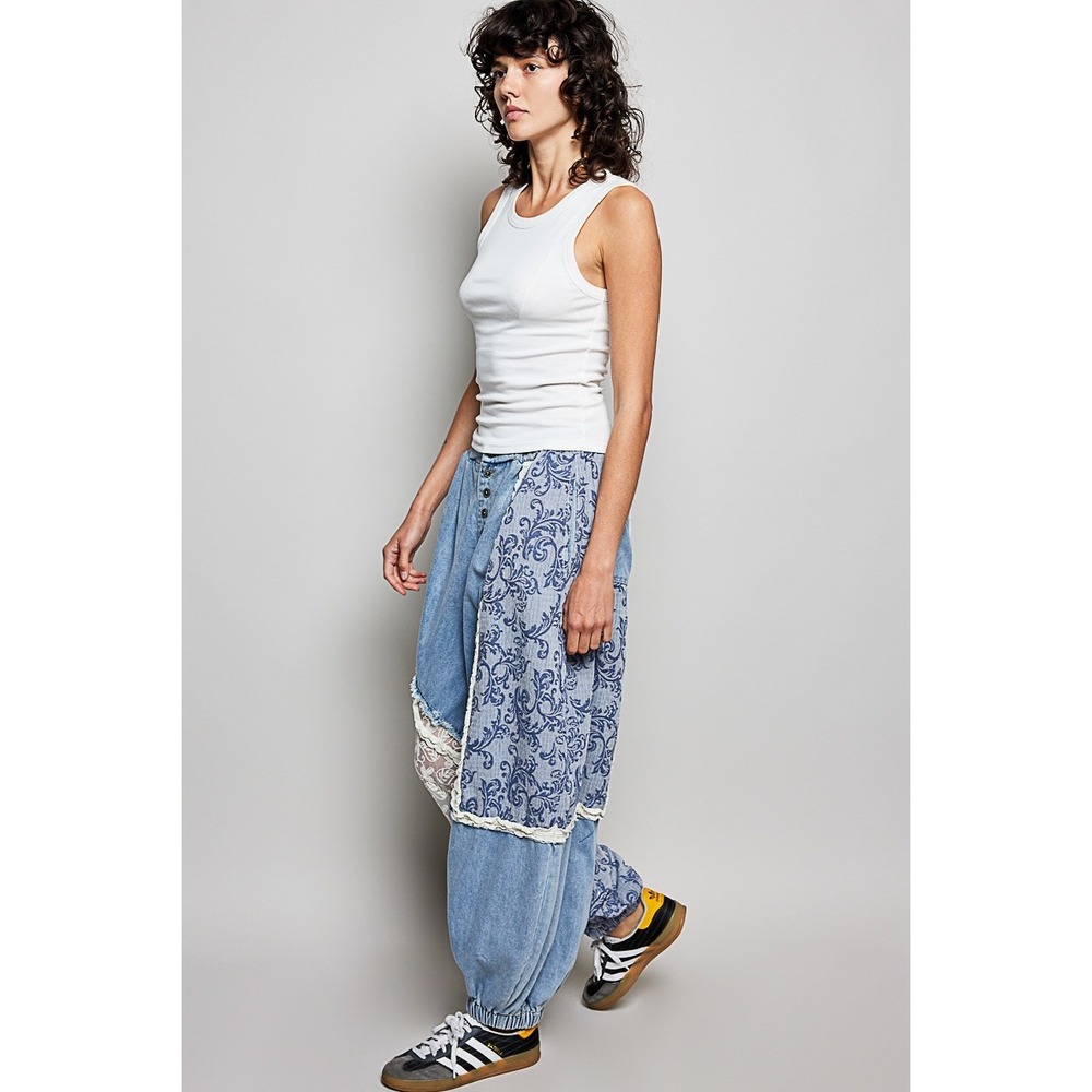 POL Patchwork Denim Jogger Pants Lace Crochet Trim Boho Festival SIZE MEDIUM - Picture 9 of 9